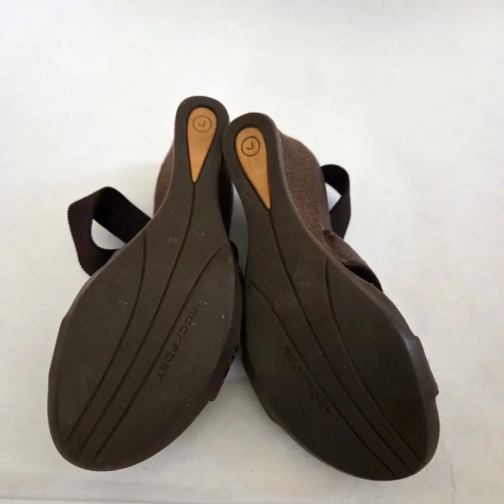 Rockport Strappy Comfort Animal Print Brown Leather Wedge Sandals Sz 7.5